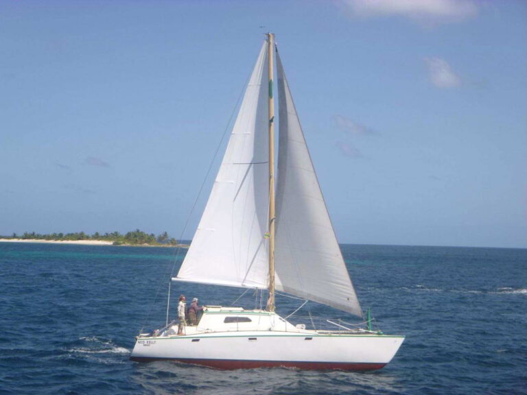 Full-sail side view of 35 ft Gemini catamaran Ned Kelly sailing near white-sand Caribbean island with pine trees in brilliant turquoise Cozumel water during a private sailing charter